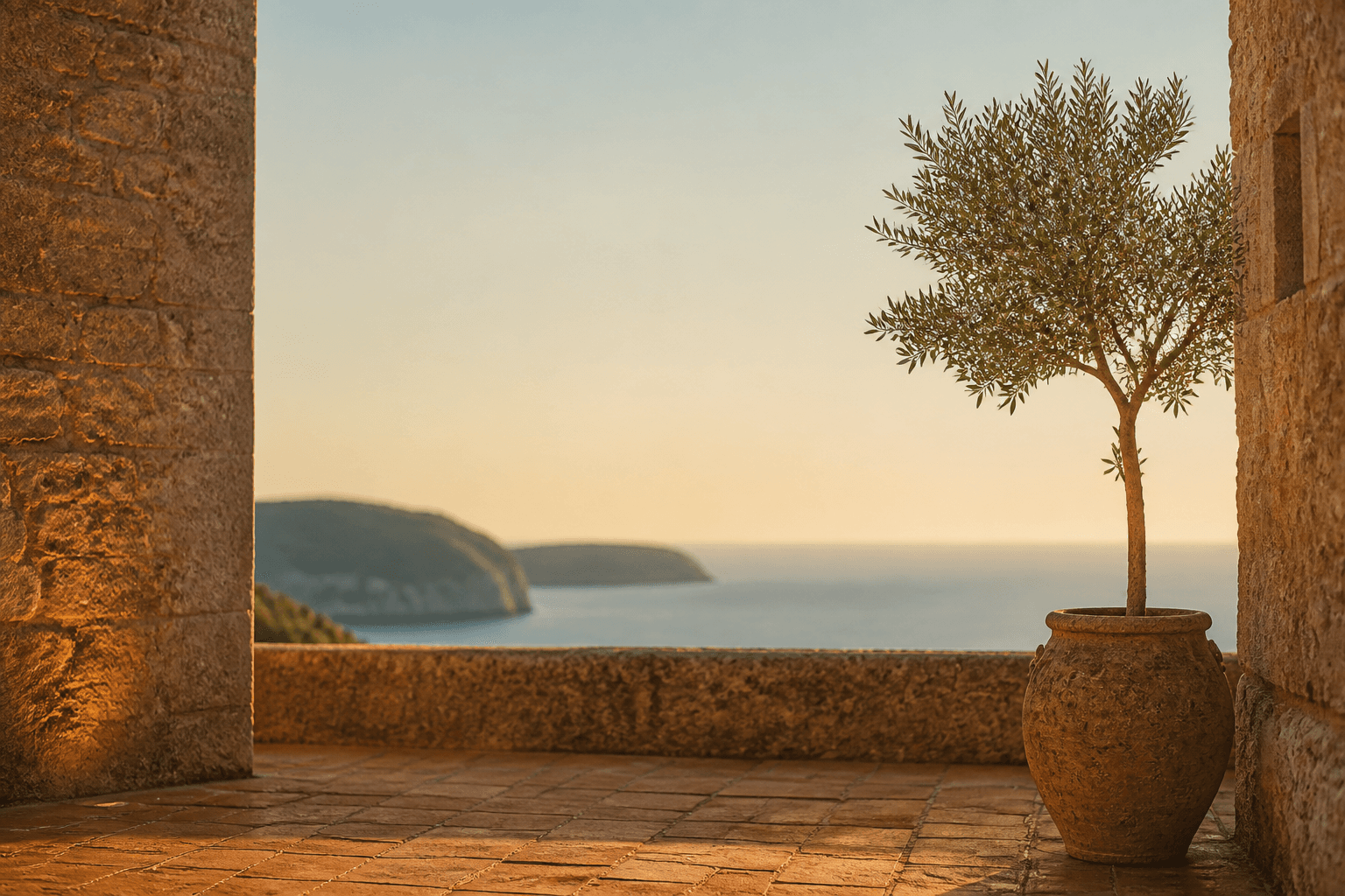 Mediterranean stone terrace at golden hour