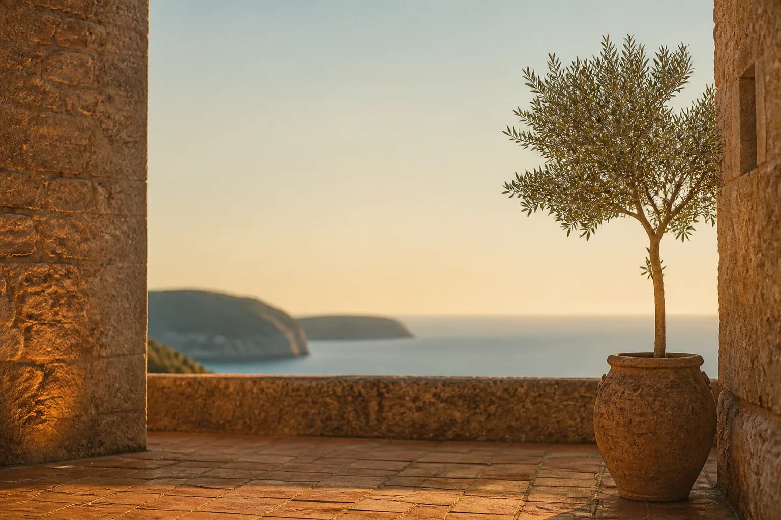 Mediterranean stone terrace at golden hour near Albir